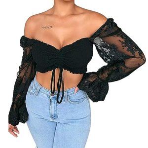 Black lace Sleeve Off The Shoulder Crop Top